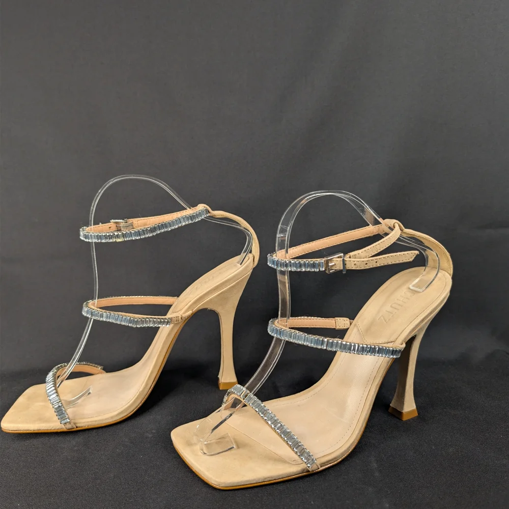 Schutz Ariella Crystal Sandals Nude Suede Square Toe Rhinestone 9.5B